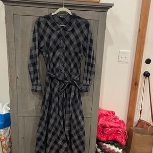 eShakti Black and Gray Checkered Long Sleeve Dress